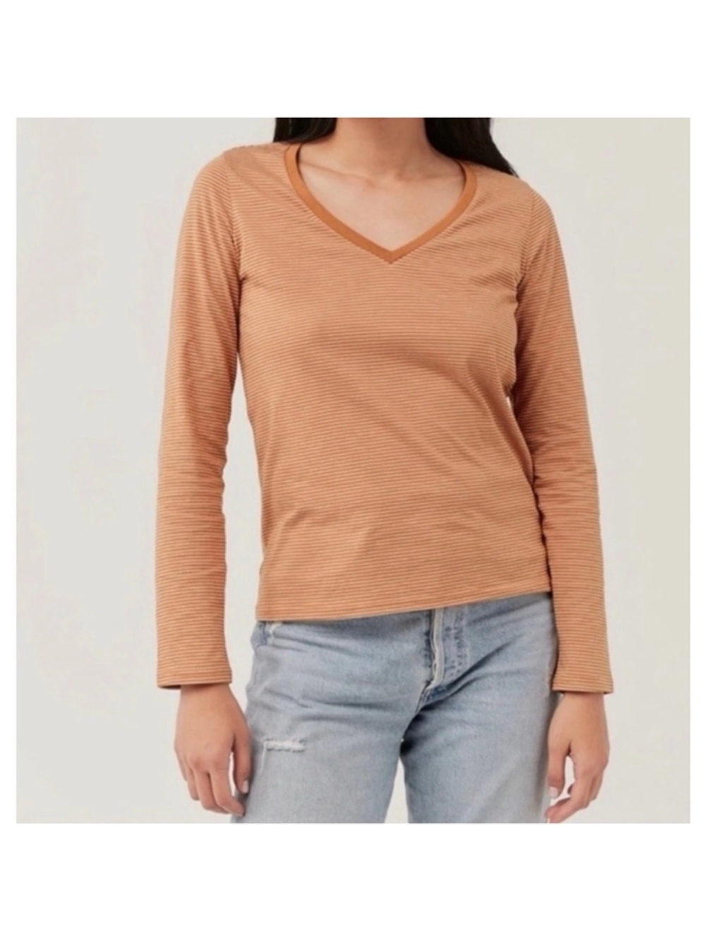 Pact Softspun V Neck Long Sleeve Tee Organic Cotton Stripe Size Medium